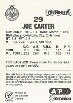 1991 Toronto Blue Jays Fire Safety #NNO Joe Carter Back