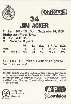 1991 Toronto Blue Jays Fire Safety #NNO Jim Acker Back