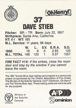 1991 Toronto Blue Jays Fire Safety #NNO Dave Stieb Back