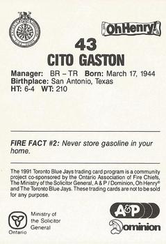 1991 Toronto Blue Jays Fire Safety #NNO Cito Gaston Back