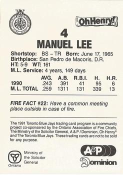 1991 Toronto Blue Jays Fire Safety #NNO Manuel Lee Back