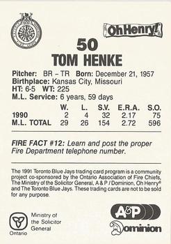 1991 Toronto Blue Jays Fire Safety #NNO Tom Henke Back