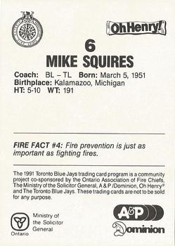 1991 Toronto Blue Jays Fire Safety #NNO Mike Squires Back
