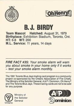 1991 Toronto Blue Jays Fire Safety #NNO BJ Birdy Back