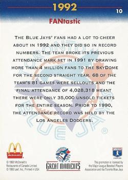1993 Donruss McDonald's Toronto Blue Jays Great Moments #10 1992-FANtastic Back