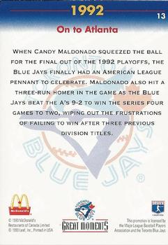 1993 Donruss McDonald's Toronto Blue Jays Great Moments #13 1992-On to Atlanta (Candy Maldonado) Back