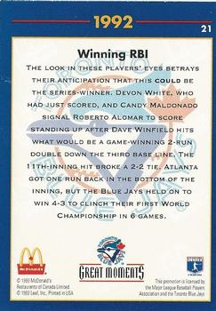 1993 Donruss McDonald's Toronto Blue Jays Great Moments #21 1992-WS Alomar Scores Winning RBI - Candy Maldonado / Devon White / Roberto Alomar Back