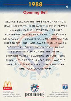 1993 Donruss McDonald's Toronto Blue Jays Great Moments #4 1988-Opening Bell (George Bell) Back