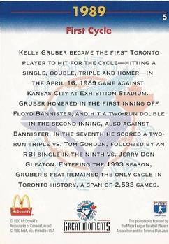 1993 Donruss McDonald's Toronto Blue Jays Great Moments #5 1989-First Cycle (Kelly Gruber) Back