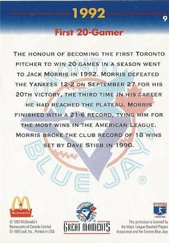 1993 Donruss McDonald's Toronto Blue Jays Great Moments #9 1992-First 20-Gamer (Jack Morris) Back