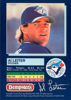 1993 Dempster's Toronto Blue Jays #18 Al Leiter Back