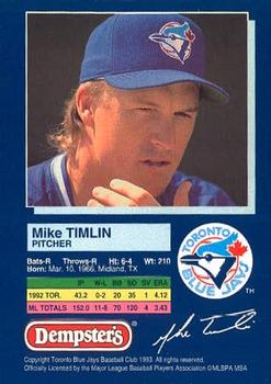 1993 Dempster's Toronto Blue Jays #25 Mike Timlin Back
