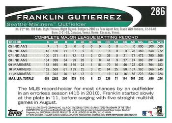2012 Topps #286 Franklin Gutierrez Back