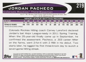 2012 Topps #219 Jordan Pacheco Back
