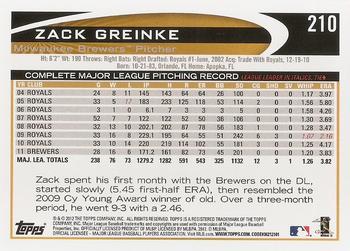2012 Topps #210 Zack Greinke Back