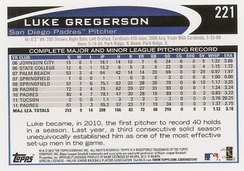 2012 Topps #221 Luke Gregerson Back