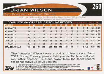 2012 Topps #260 Brian Wilson Back