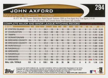 2012 Topps #294 John Axford Back