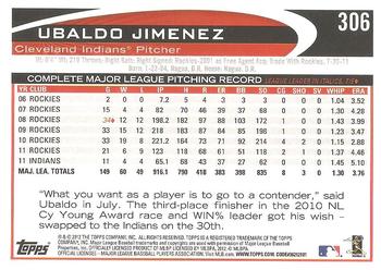 2012 Topps #306 Ubaldo Jimenez Back