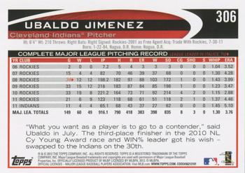 2012 Topps #306 Ubaldo Jimenez Back