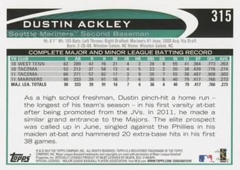 2012 Topps #315 Dustin Ackley Back