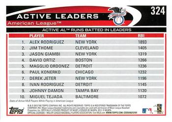 2012 Topps #324 Active AL Runs Batted In Leaders (Alex Rodriguez / Jim Thome / Jason Giambi) Back