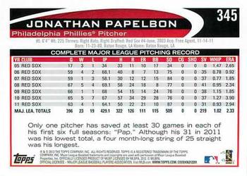 2012 Topps #345 Jonathan Papelbon Back