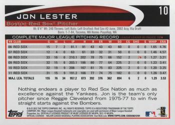 2012 Topps #10 Jon Lester Back