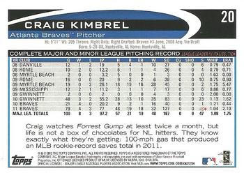 2012 Topps #20 Craig Kimbrel Back