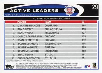 2012 Topps #29 Active NL Wins Leaders (Livan Hernandez / Roy Oswalt / Randy Wolf) Back