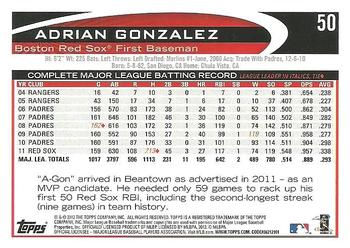2012 Topps #50 Adrian Gonzalez Back