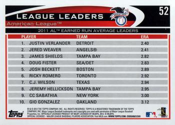 2012 Topps #52 2011 AL Earned Run Average Leaders (Justin Verlander / Jered Weaver / James Shields) Back