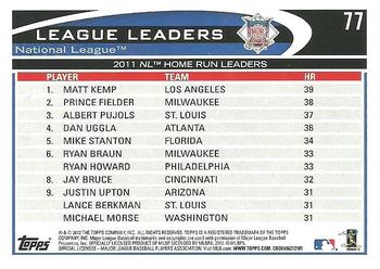 2012 Topps #77 2011 NL Home Run Leaders (Matt Kemp / Prince Fielder / Albert Pujols) Back
