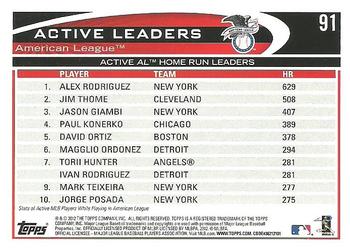 2012 Topps #91 Active AL Home Run Leaders (Alex Rodriguez / Jim Thome / Jason Giambi) Back