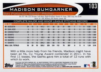 2012 Topps #103 Madison Bumgarner Back