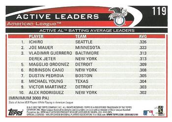 2012 Topps #119 Active AL Batting Average Leaders (Ichiro / Joe Mauer / Vladimir Guerrero) Back