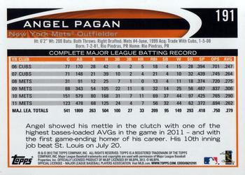 2012 Topps #191 Angel Pagan Back