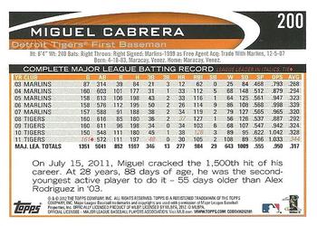 2012 Topps #200 Miguel Cabrera Back