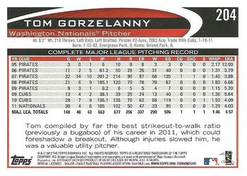 2012 Topps #204 Tom Gorzelanny Back