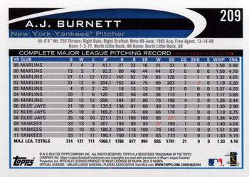 2012 Topps #209 A.J. Burnett Back