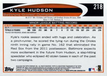 2012 Topps #218 Kyle Hudson Back