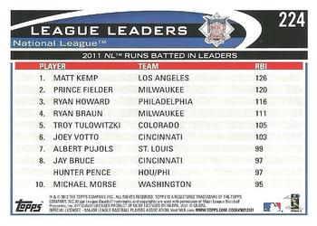 2012 Topps #224 2011 NL Runs Batted In Leaders (Matt Kemp / Prince Fielder / Ryan Howard) Back