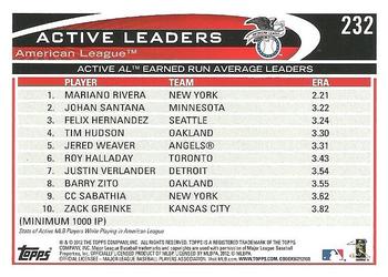 2012 Topps #232 Active AL Earned Run Average Leaders (Mariano Rivera / Johan Santana / Felix Hernandez) Back