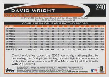 2012 Topps #240 David Wright Back