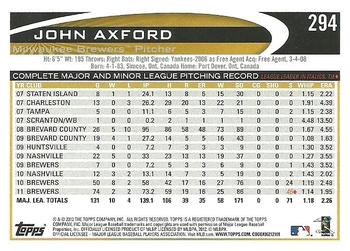 2012 Topps #294 John Axford Back