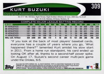 2012 Topps #309 Kurt Suzuki Back