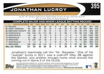 2012 Topps #395 Jonathan Lucroy Back