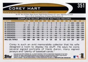 2012 Topps #351 Corey Hart Back