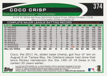 2012 Topps #374 Coco Crisp Back