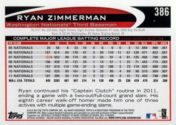 2012 Topps #386 Ryan Zimmerman Back